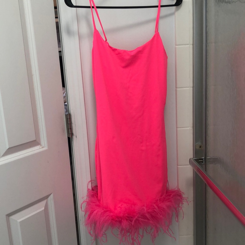 Pink dress with feather detail. Small, new with tags on from White Fox Boutique